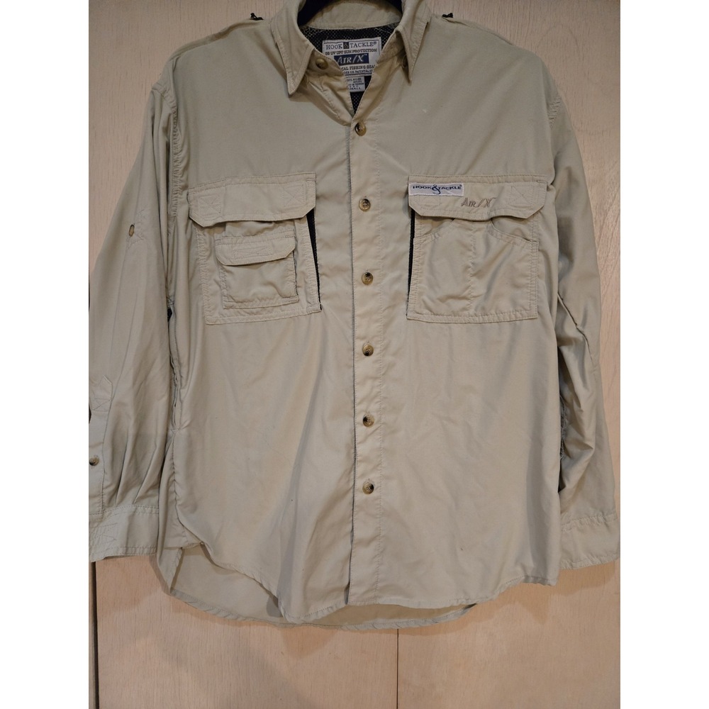 Hook & Tackle Air X Fishing Shirt Mens S UPF 50 Vented Nylon Long Sleeve Beige